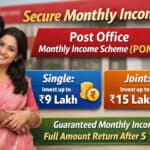 Joint Monthly Income Scheme poster with smiling couple promoting investment options.