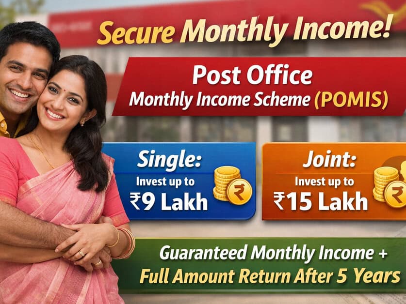 Joint Monthly Income Scheme poster with smiling couple promoting investment options.